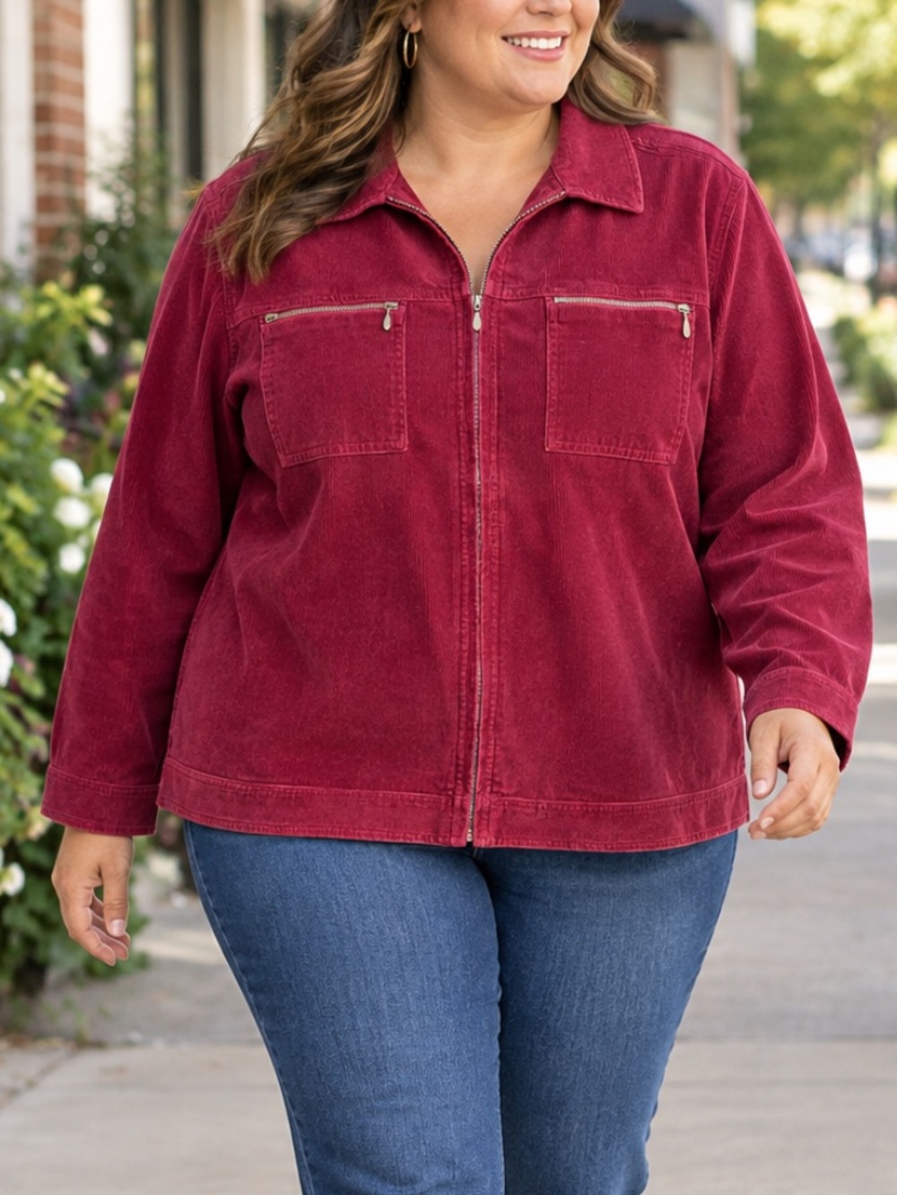 CJ Banks Red/Burgundy Corduroy Full-Zip Utility Jacket. Size 1X.